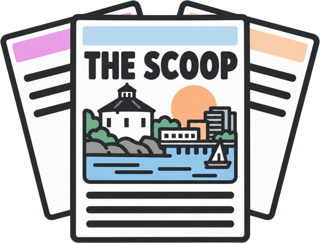 Illustration of a stack of The Scoop newspapers with an archive arrow