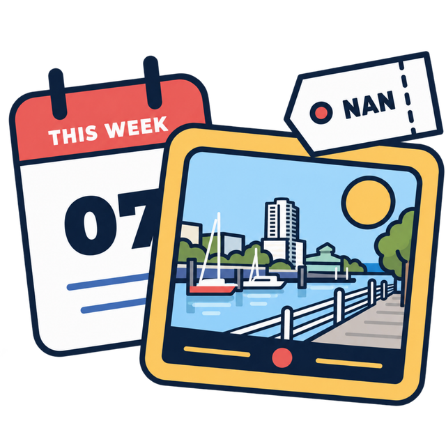 Illustration of a weekly events calendar with a Nanaimo waterfront postcard